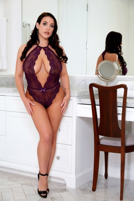 Busty brunette Angela White discards her lingerie before parting her cunt lips 22114086